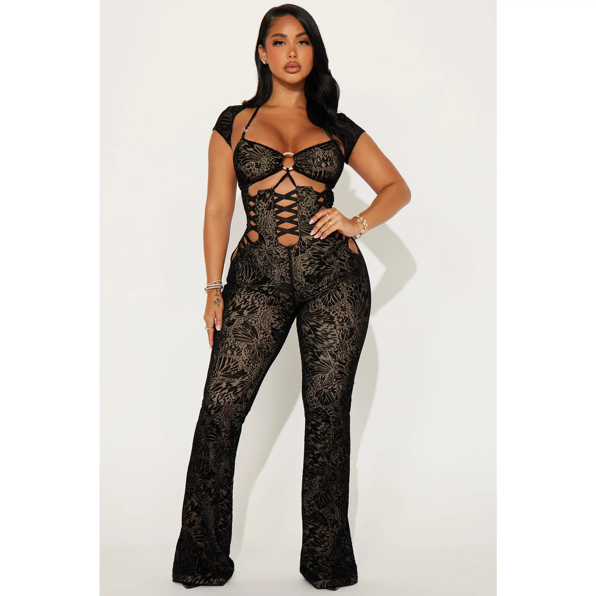 Take My Heart Mesh Jumpsuit - Black