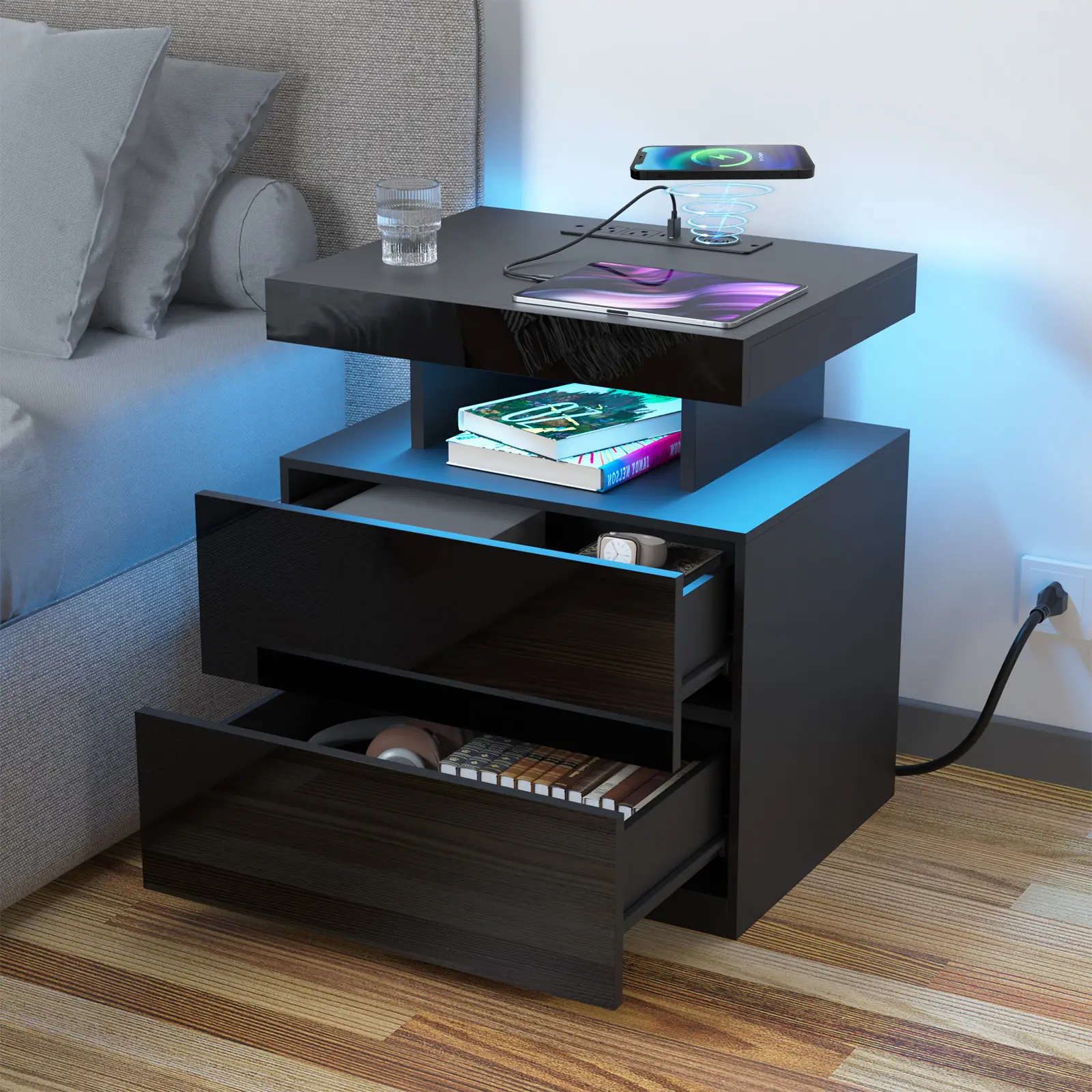 HOMMPA LED Nightstand with Wireless Charging Station & USB Ports, Modern Bedside Table, Black Night Stand with Open Compartment, Smart Nightstand High Gloss Surface for Bedroom