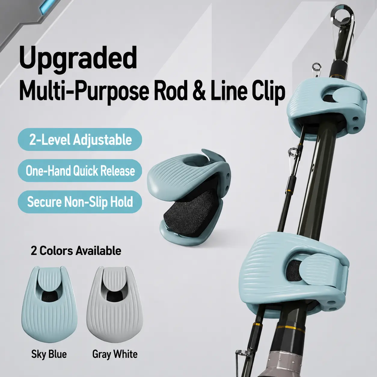 Fishing Rod Clips (4-Pack) - 2-Level Adjustable Rod & Line Holder with Soft EVA Pads, 1-Hand Quick Release, Available in Sky Blue or Gray White kit tackle lure topwater storm