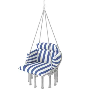 Stylish Blue & White Macrame Hanging Swing Chair - Freestanding Steel Frame, Chain, Generous Cushion Included - Perfect for Cozy Corners in Patio, Garden, Nursery