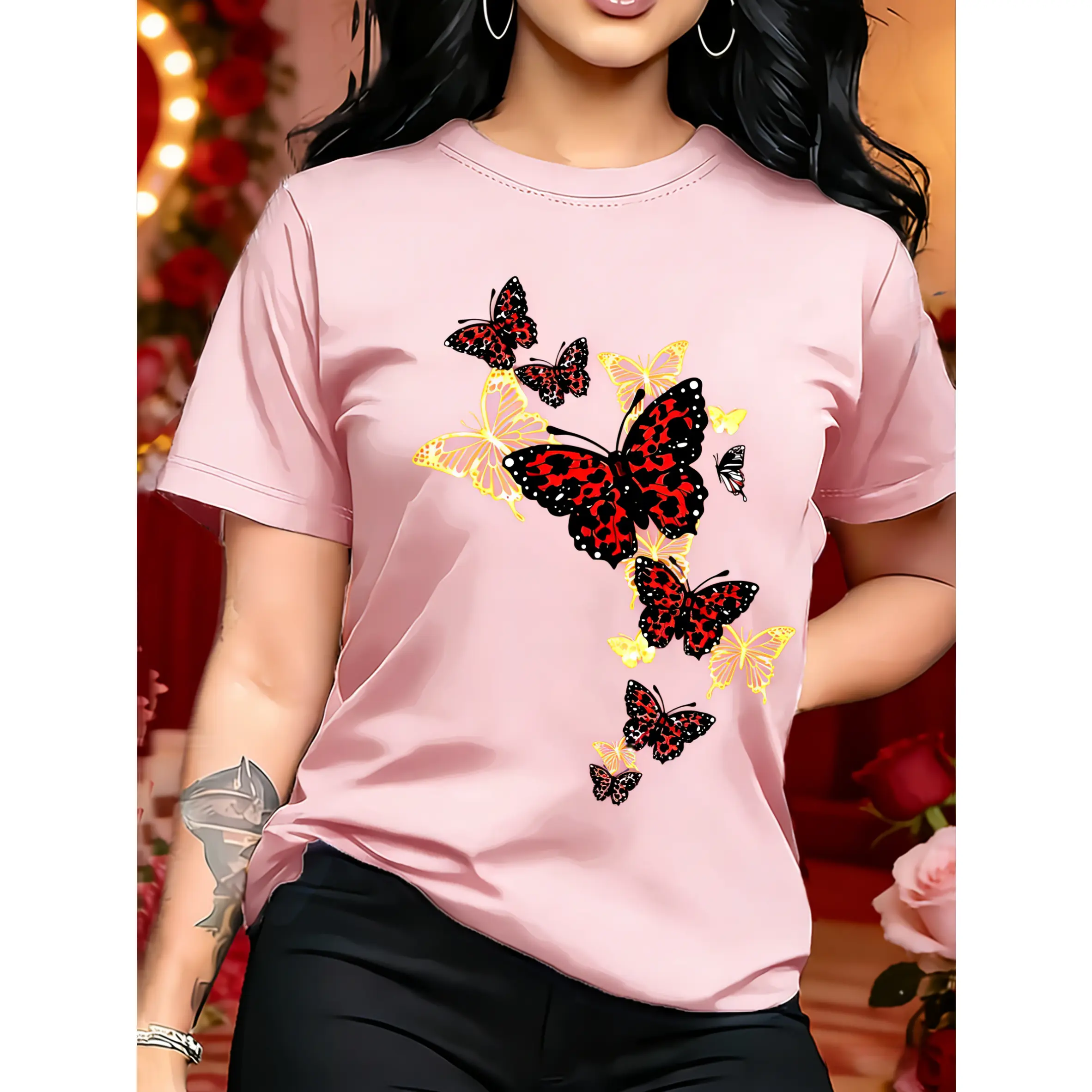 Women's 100% Cotton Oversized Fit Butterfly Graphic Short-Sleeve Round Neck Tee - Casual, Breathable, Smooth, Asymmetrical, Side Seamless Basic Tshirt with Fit for Spring & Summer - Classic Printed Top, Machine Washable, Do Not Dry Clean