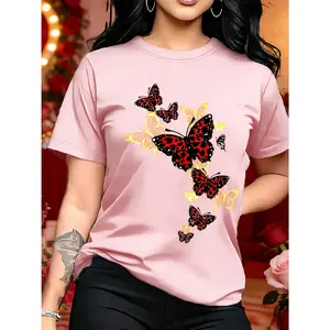100% cotton T-shirt with unique butterfly pattern print - knitted short sleeves, round neck, gift, comfortable, breathable and soft, the best choice for spring and summer