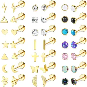 Milacolato Women's 25-Pair Surgical Stainless Steel Flat Back Earrings Stacking Set - Fashion Sparkling Zirconia, Opal, Moonstone, Turquoise, Butterfly, Flower, Star Studs for Cartilage, Daily Wear
