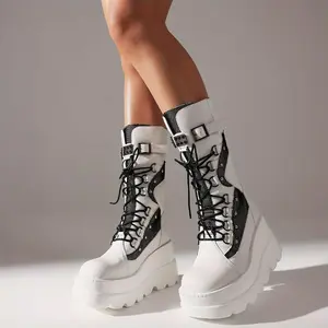 Mid Calf Holographic Wedge Heel Womens Platform Combat Boots With Lace Up And Studded Goth Knee High Design