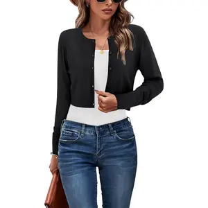 Cropped Cardigan Sweaters for Women 2025 Crew Neck Button Down Open Front Knit Bolero Shrugs
