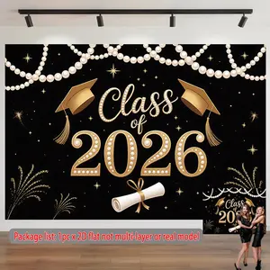 1pc Polyester 2D Flat Graduation Banner - Class of 2026 Design with Caps, Pearls, Landscape Background, Traditional Home & Festive Birthday Decoration for Classrooms