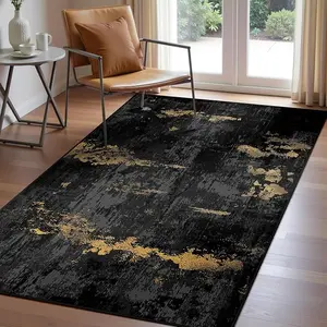 Washable Area Rugs Non-Slip Modern Abstract Soft for Living Room Entryway Bedroom Nursery, Print Pattern, Dark Black Gold