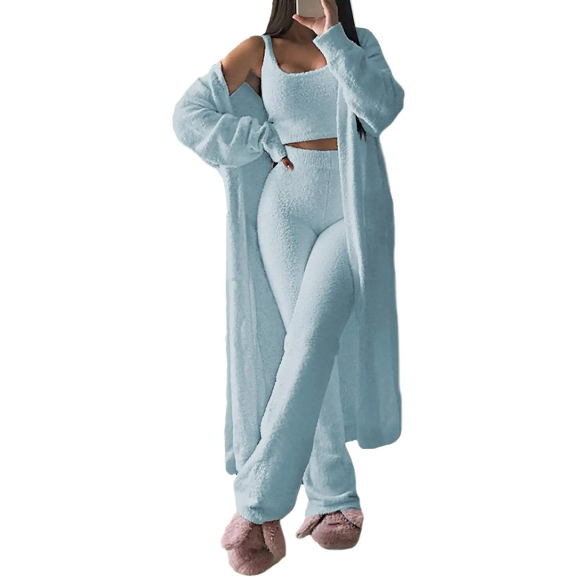 Fixmatti Women'S Fuzzy 3 Piece Sweatsuit Open Front Cardigan Crop Tank Tops Wide Legs Pants Lounge Sets Fixmatti