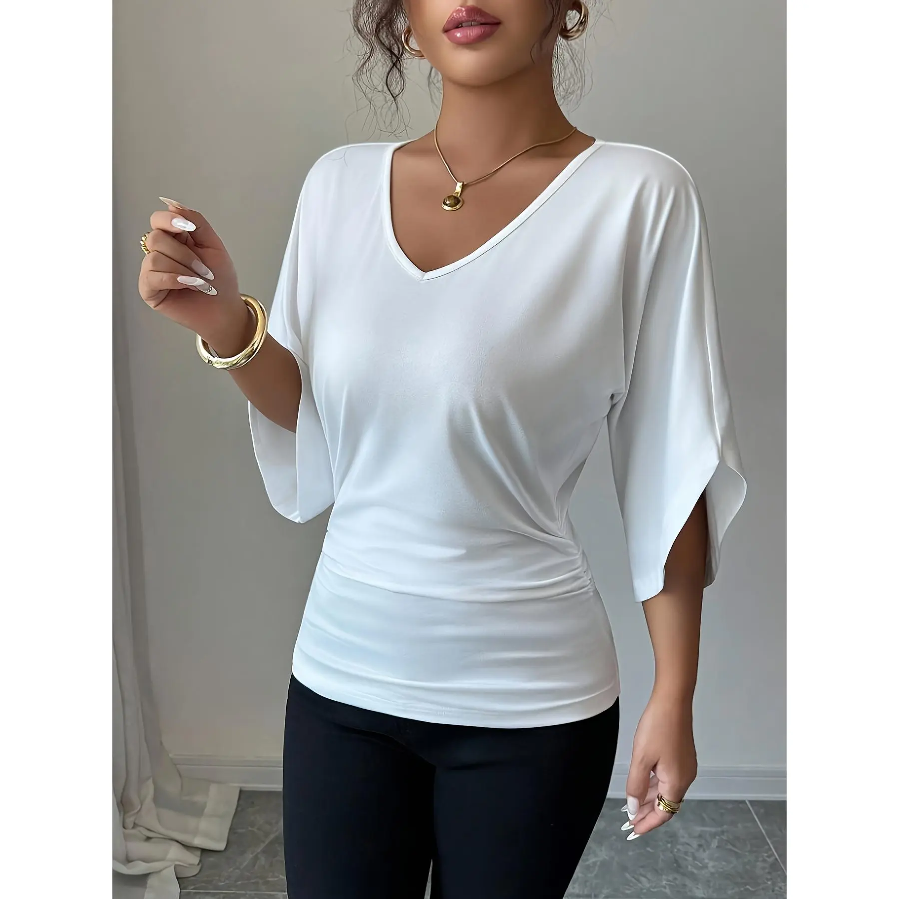 Women's Basic Elegant V-Neck 7/8 Length Batwing Sleeve Loose-Fit Tunic Top, Machine Washable Sports Outerwear, for Spring Fall, White & Black, Casual & Formal Wear, Clothes, Loose-Fitting, Plain, White & Black Color Options, Pull On