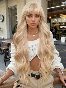 30 Inch Long Curly Wig with Bangs, Perfect for Parties and Dance Events, All Seasons Wearable Hairpiece, Body Wave Wigs, Synthetic Hair Wig