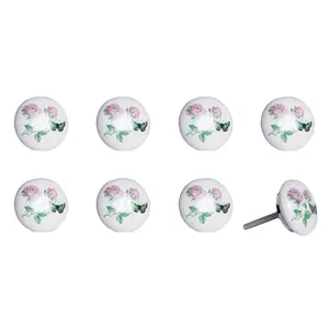 HomeRoots 544408 Light Pink & White Ceramic & Metal Floral Drawer Pull Knobs - Set of 8