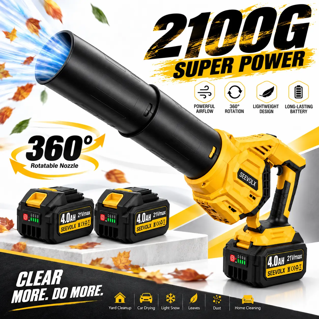 【Premium Edition】SEEVOLX 2100G Brushless Motor Cordless High Speed Lithium Battery Blower, 2 Rechargeable 4.0Ah 2 Digital Display Batteries, 360° Rotatable Turbo Jet Air Duster, Adjustable Speed, 3 Nozzles for Deck & Car Cleanup
