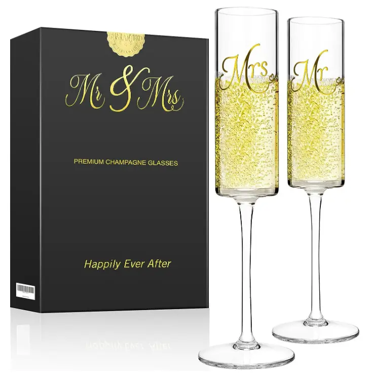 Mr & Mrs Champagne Flutes Set of 2 - - Engagement Gifts, Wedding Champagne Flutes for Bride and Groom - 210ml Elegant Glasses for Champagne, Prosecco, Christmas, Birthday