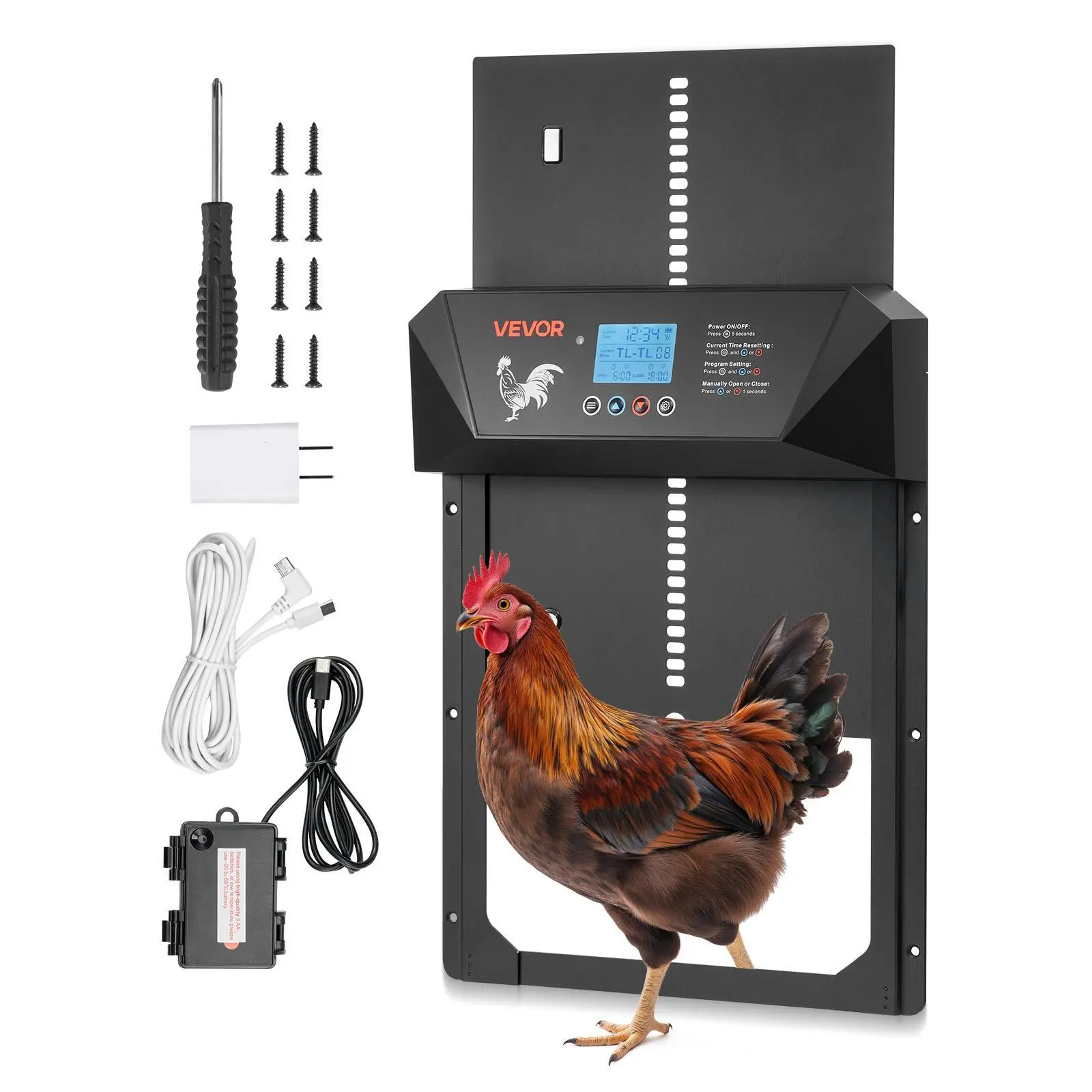 【SummerFinds】VEVOR Outdoor Automatic Chicken Coop Door, DC or Battery Run Dual Power, LCD Status Glance Display, Light Sensor, Timer, Manual Setting, Remote, Anti-Pinch Protection, Waterproof Seal, Durable Aluminum Alloy Farm Chick Run Gate Opener