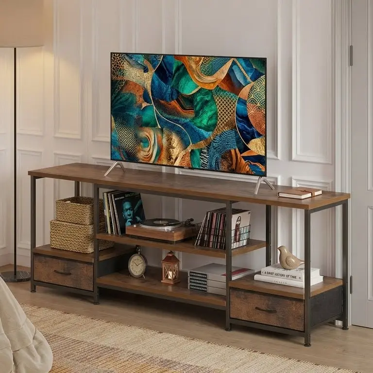 63-Inch Indoor TV Stand for 55-75 Inch TVs - Living Room Furniture Room Decor Single Unit Media Console with Built-In Power Outlet Charging Station, Ample Storage & 2 Fabric Drawers for Watch Parties