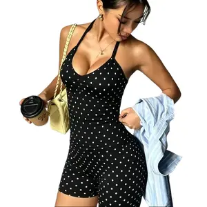 【Summervibes】Polka Dot 2Pcs Workout Outfit, Deep V Halter Ruched Top, High Waist Hip Lifting Shorts, Soft Stretchy Sportswear Set, Trendy Slim Fitness Suit for Yoga Running Gym Training & Daily Active Wear