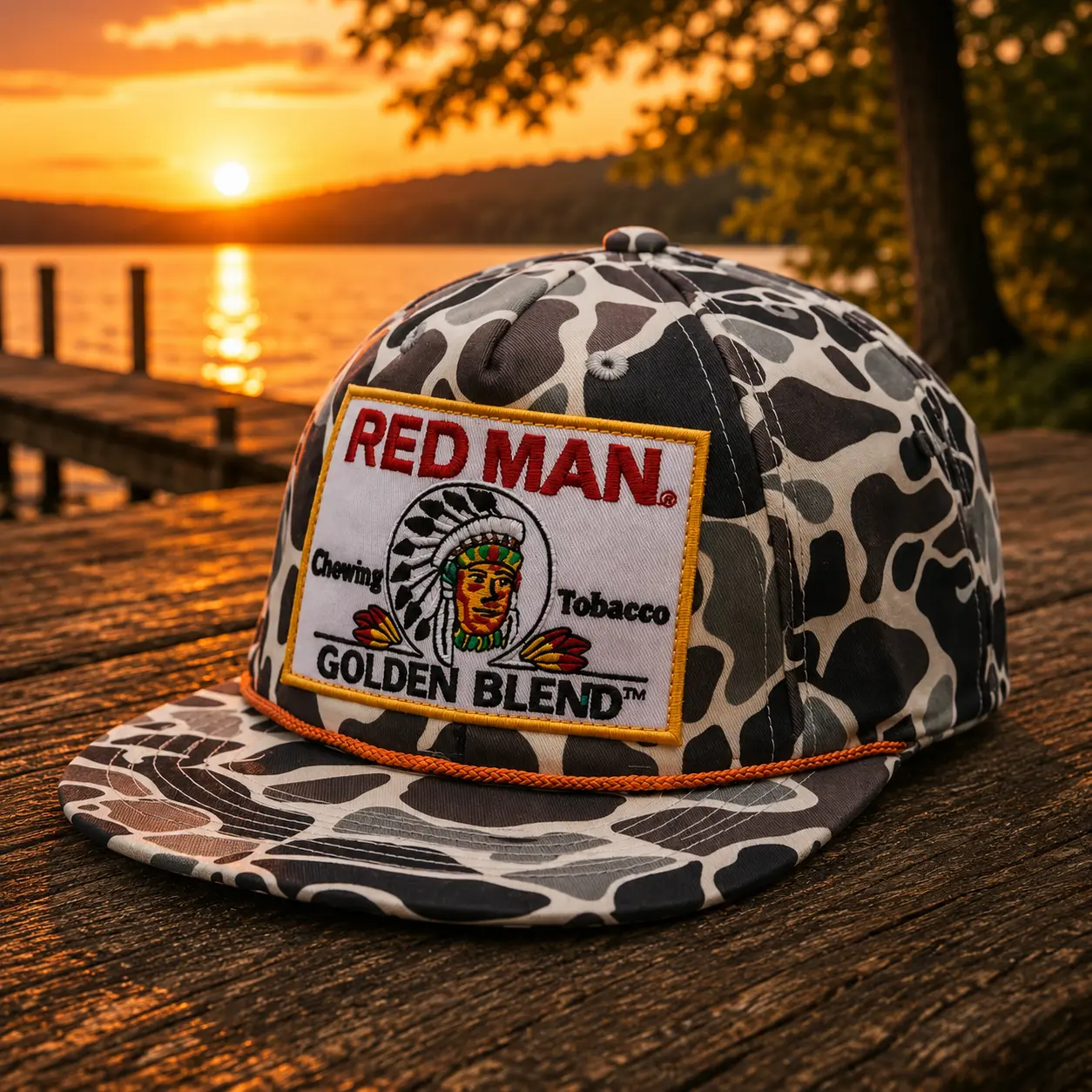 RM Chewing Tooobacoo Embroidered Patch Camo Hat, Golden Blend Rope Brim Cotton Breathable Snapback, Ideal Gift For Him