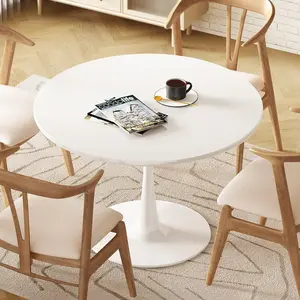 LinkRomat Marble Round Dining Table, 31.5" Tulip with MDF Table Top & Pedestal Base, Suitable for Leisure, Coffee, Office , Living Room, White&Black&White Marble