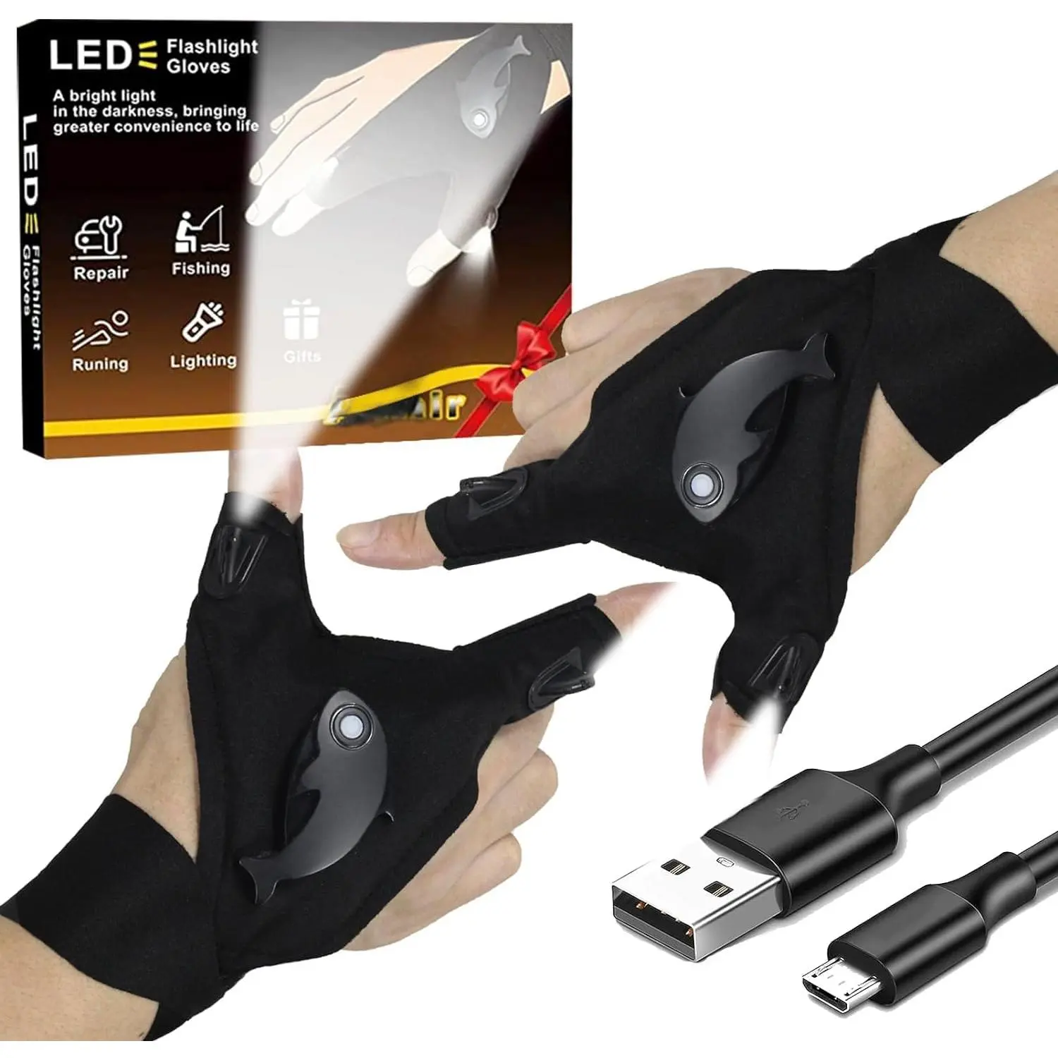 Waterproof Rechargeable LED Flashlight Gloves  Adjustable Strap One Size Fit All Black