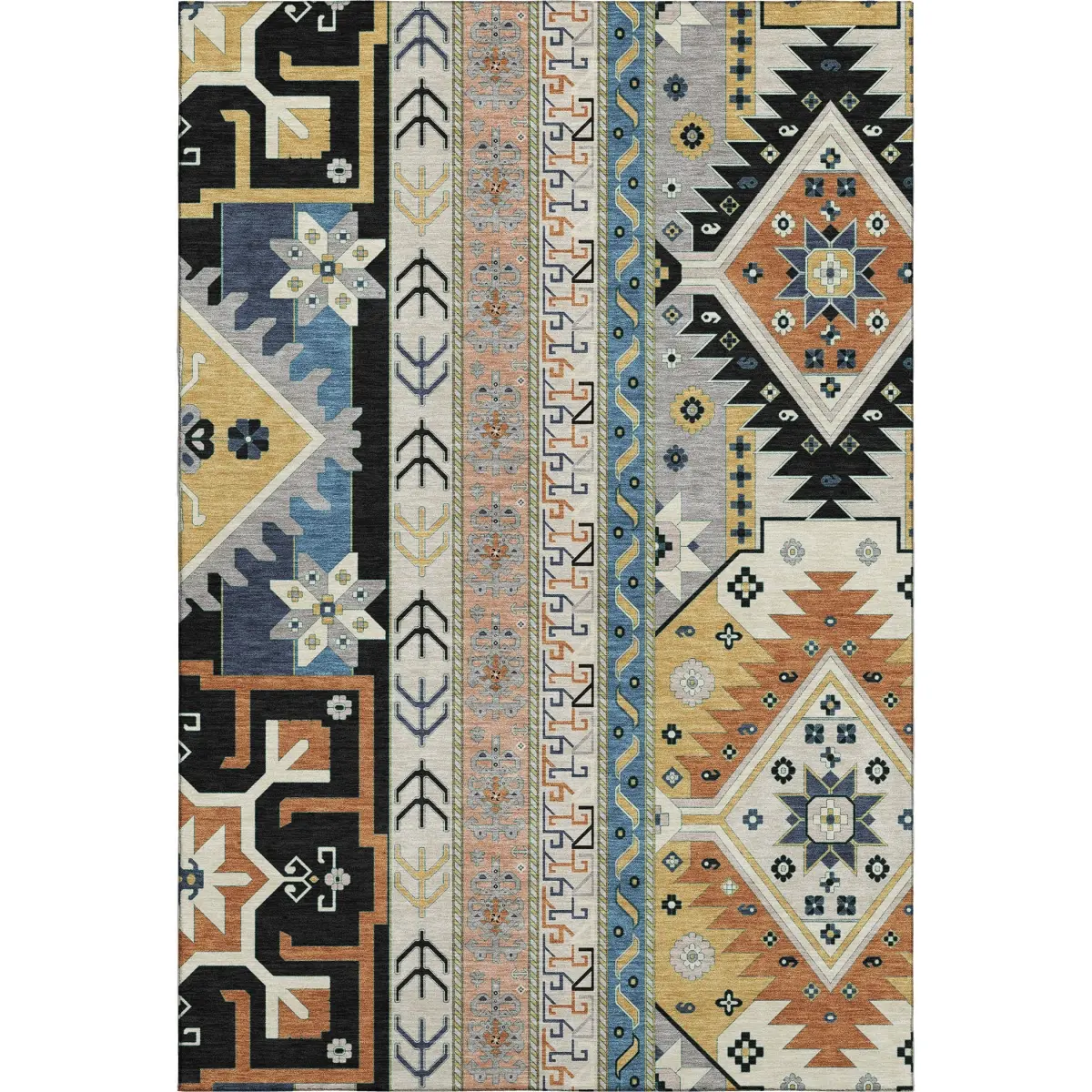 HomeRoots 679613 Rectangular Area Rugs - 3 x 5 ft. Black, Copper & Gold Southwestern Machine-Made Washable Rug with UV Protection