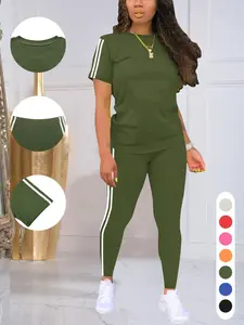 Women's 2-Piece Fitted Minimalist Basic Round Neck Striped Solid Color Short-Sleeved Trousers Suit, Lady's Casual Womenswear Set for Spring Glow-Up Style Icon Looks,summervibes
