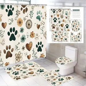 1/4pcs Whimsical Dog Paw & Floral Bathroom Set - Cream Shower Curtain with Green/Brown Paw Prints, Hearts, Flowers + Matching Toilet Seat Cover, Bath Mat, Small Mat | Earthy Tones & Soft Pastels for Cozy Playful Easter, Spring, Summer Bathroom Deco