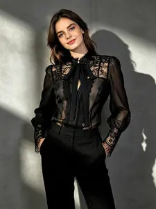 Women's Fashion Sexy Vintage Tie-Back Deep V Neck Lace Patchwork Sheer Blouse, Elegant and Breathable, Comfortable Summer Wear, Multiple Sizes