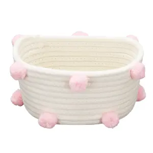 Cotton Woven Storage Basket Cute Pompom Decor Sundries Finishing Box Nordic Cosmetic Toys Organizer Frame Pink S