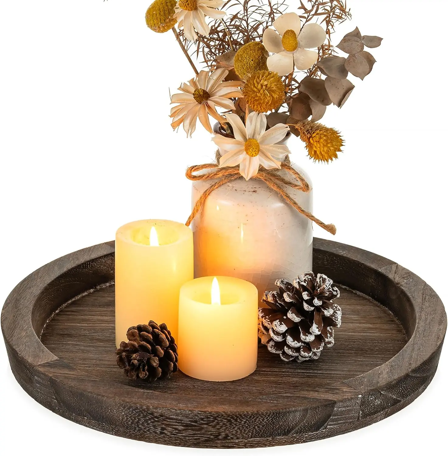 Vintage Round Non-Slip Durable Wooden Serving Tray - 11.2"l x 11.2"w x 1"h, 999g, Aesthetic Rustic Farmhouse Kitchen Tableware for Coffee Table, Serves + Tea Lights as Candle Holder Centerpieces for Cozy Glow
