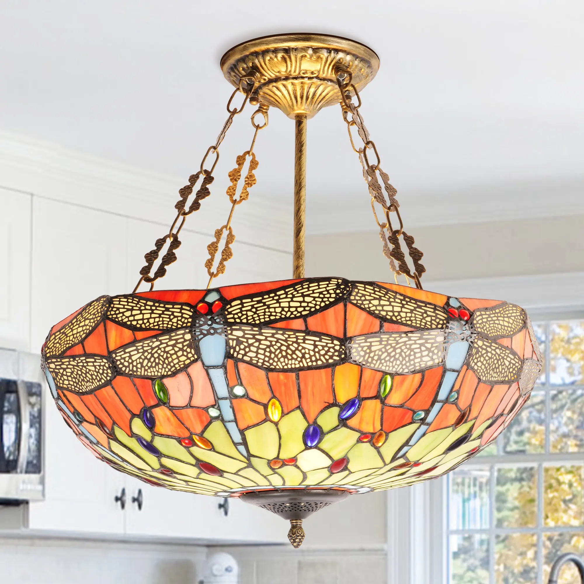 19.7 Inch Tiffany Style Dragonfly Stained Glass Inverted Pendant Light, 5-Light, Antique Brass Wrought Iron Frame, E26 Warm Light Bulbs Included, Wall Control for Kitchen Island Dining Room Living Room