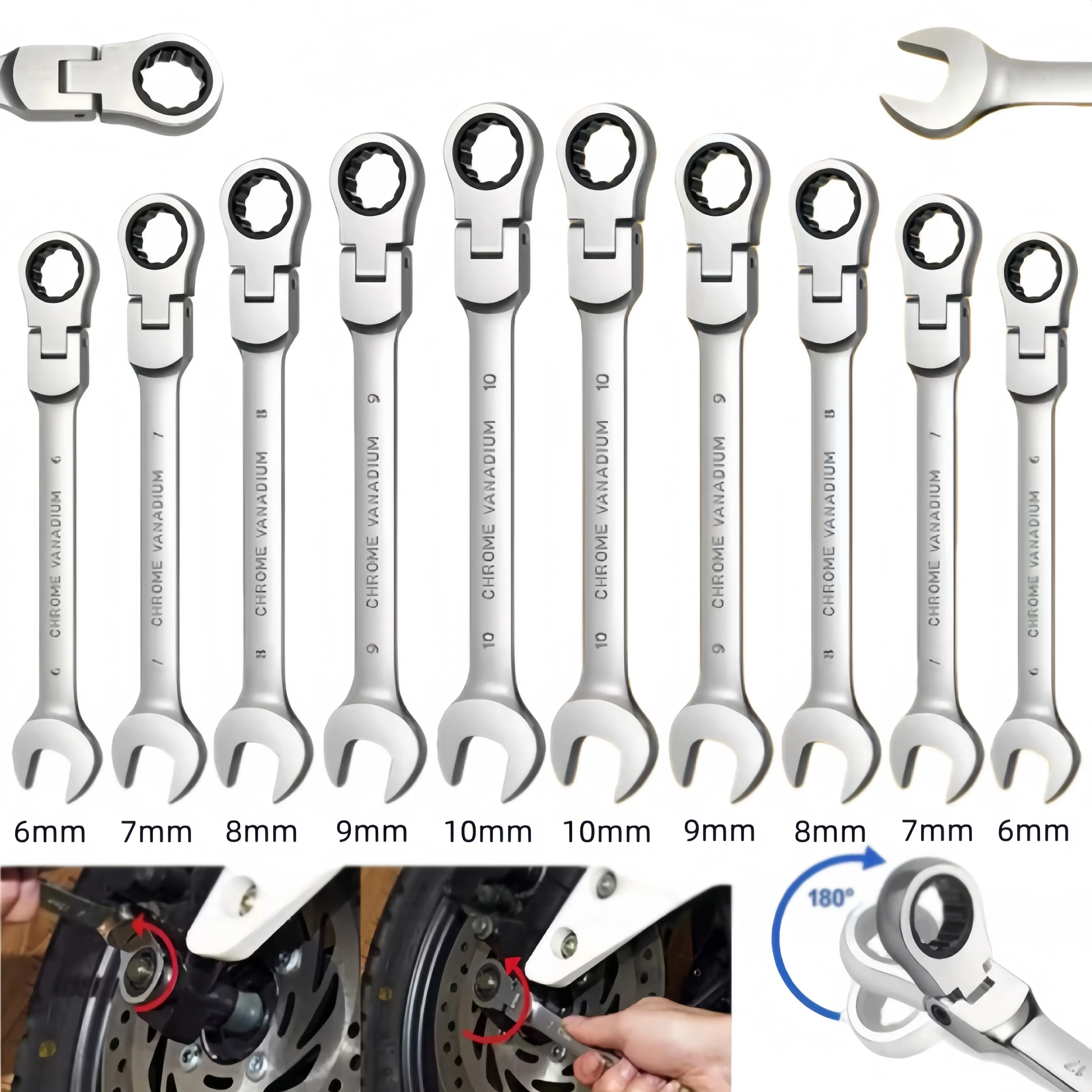10Pcs Flexible Swivel Head Ratcheting Combination Wrench Set Metric 6-10mm Chrome Vanadium 180° Pivoting Ratchet Spanner Kit Open Box End Wrenches For Motorcycle Auto Bicycle Mechanic Repair Garage Hand Tools