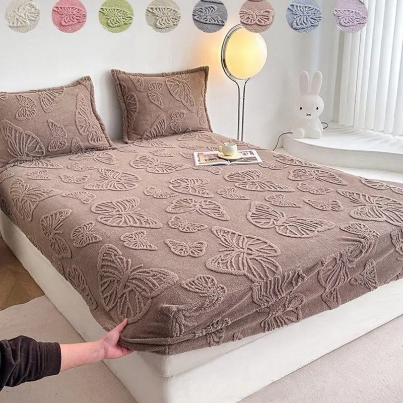 Butterfly Embroidered Bed Sheet Set 3 Piece Polyester Fiber 3D Embossed Design Elastic Edges Fits 11.81-13.39 Inches Mattress Soft Comfortable