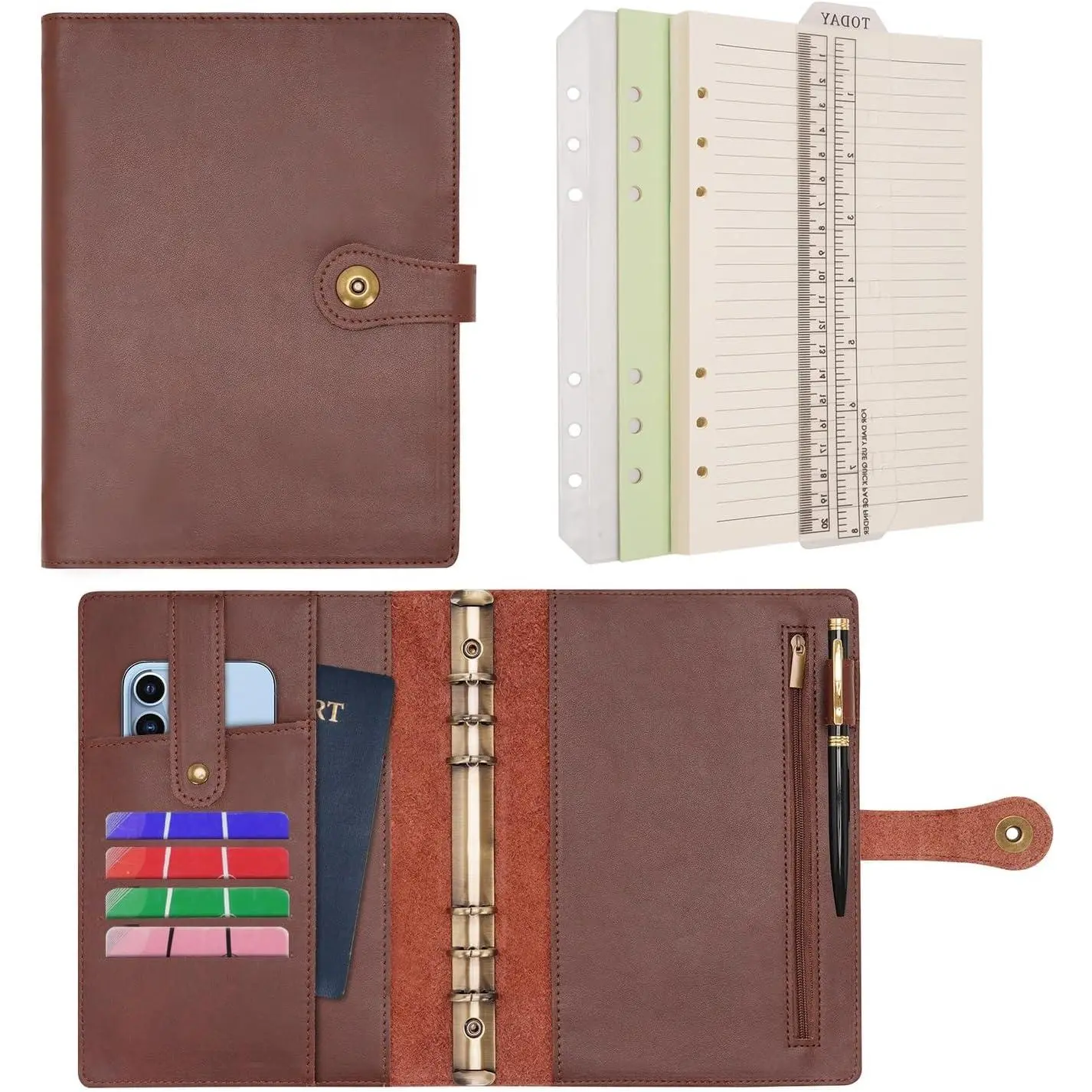 Comfortable A5 Leather Spiral Journal Binder - Stationery Supplies, Personal Organizer Book, Refillable Budget Binder with Rings, College Ruled Paper, 1 Pen, Phone Holder for Office Travel Planning Writing (Coffee), Planner Notebook