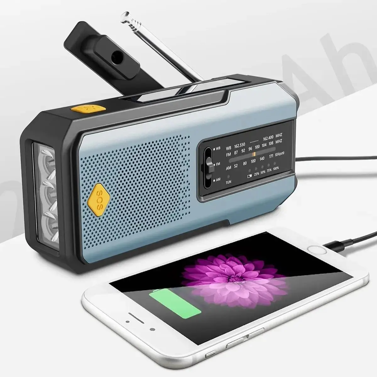 Portable Solar Powered Radio, Multifunctional Handheld Radio, 2000mAh Hand Cranked FM/AM/NOAA Radio with 3LEDs Flashlight & SOS Alarm, Emergency Hand Crank Weather Radio with Power Bank Function For Home & Outdoor Camping Hiking