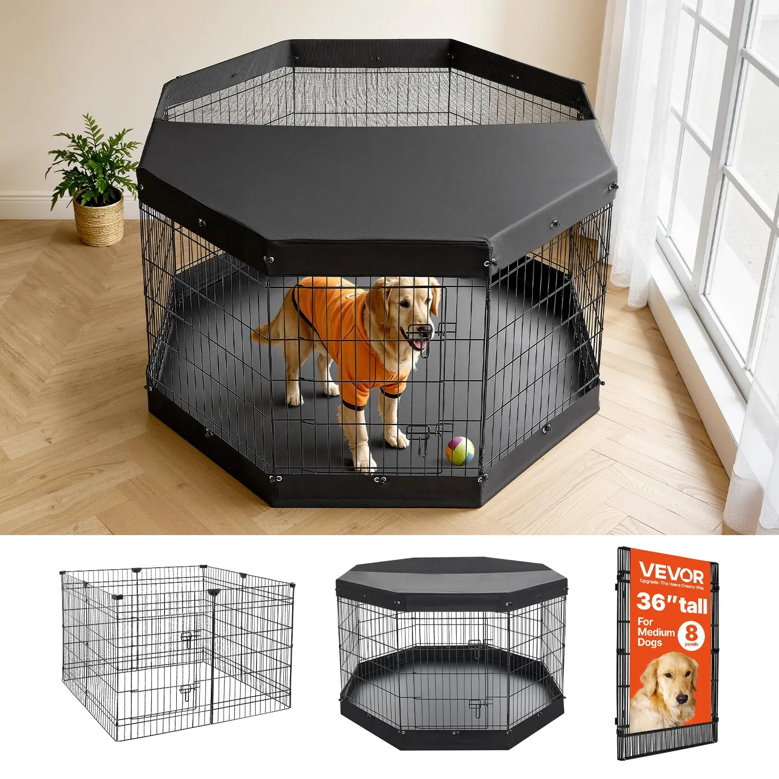 VEVOR Dog Playpen 36 Inch 8 Panels Exercise Pen with Top Cover & Bottom Pad, Indoor Foldable Metal Pet Fence with Door, Heavy Duty Puppy Crate Kennel Pen for Dogs, Cats, and Other Small Animals, Black