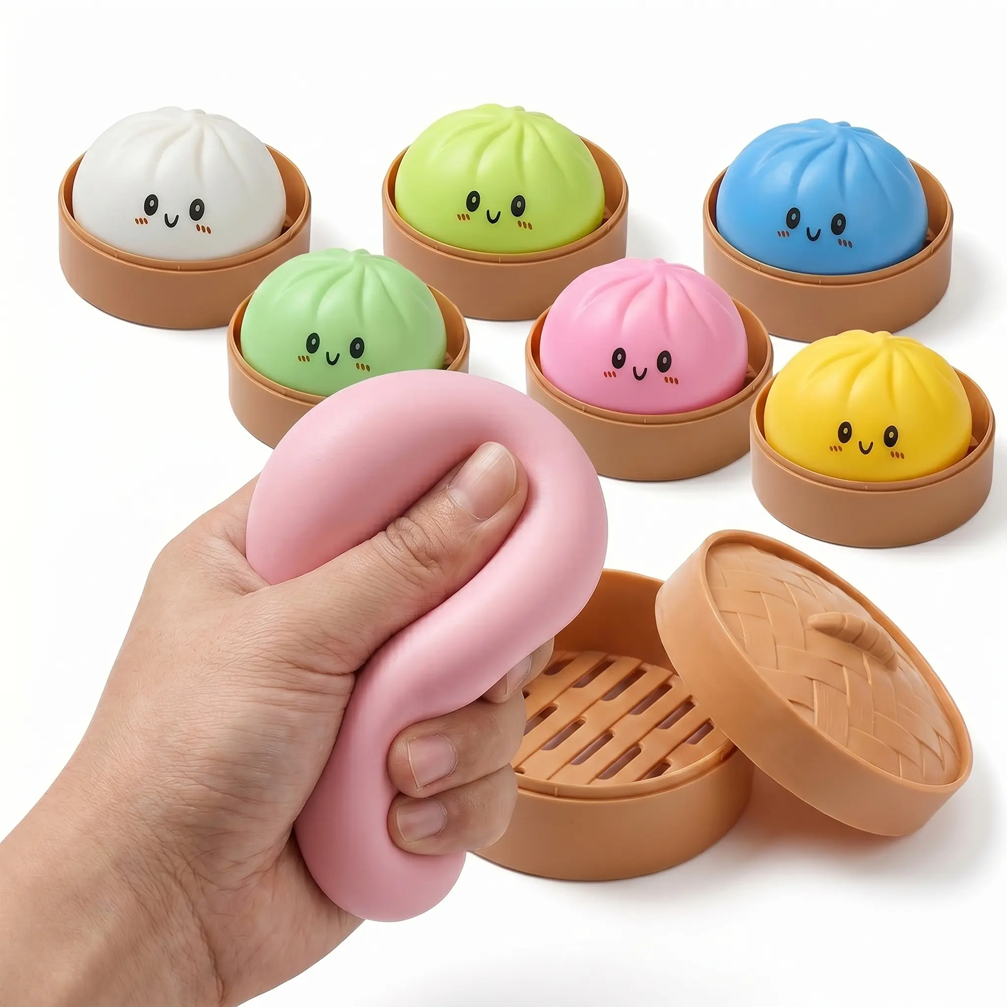 Dumpling Squeeze Squishy Toy, Steamer Box Food-Shaped Stress Relief Fidget Toy, Soft Silicone Anxiety Relief Toy, Portable Pocket Elastic Squeeze Toy for Adults & Kids, Cartoon Decompression Toy for Office, School & Party Favors