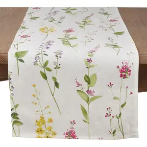 Saro Lifestyle 1015.OW16108B 108 in. Watercolor Floral Stems Linen Table Runner, Off-White
