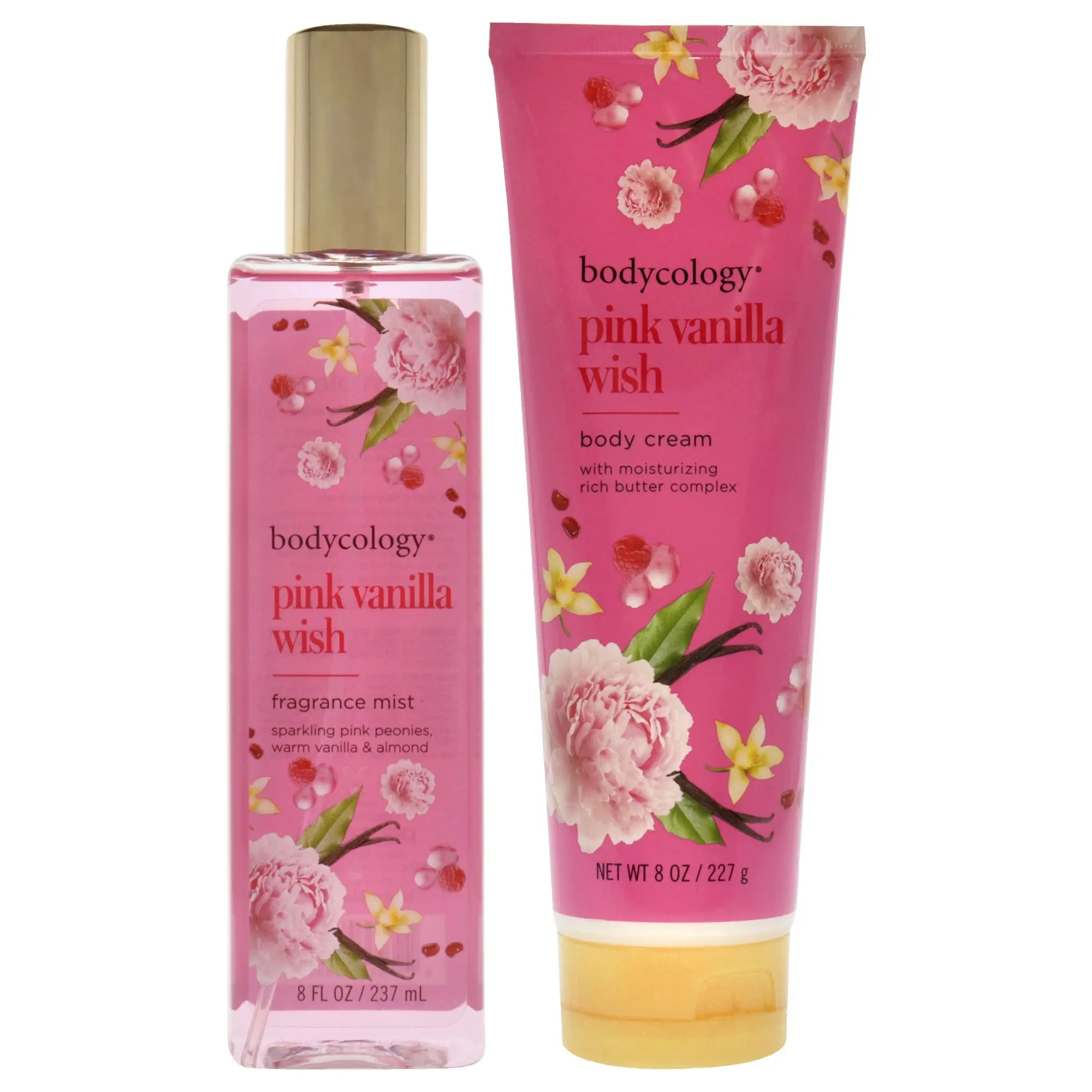 Women's Pink Vanilla Wish Kit by Bodycology - 2-Pc Body Care Set, 8oz Scented Hydrating Fragrance Mist, 8oz Aroma Moisturizer Body Cream
