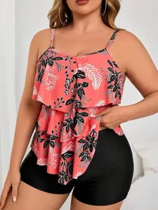 Plus Size 2pcs Set, Loose Floral Print Crop Top & Random Plant Pattern High Waist Shorts Bikini Swimsuit Set For Women For Summer Beach Vacation