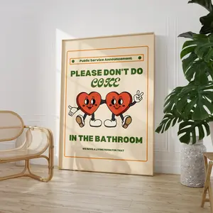 Please Don't Do Coke In The Bathroom Retro Poster • Green Funky Cartoon Print • Funny Bathroom Wall Art • 70s Aesthetic Poster Unframed