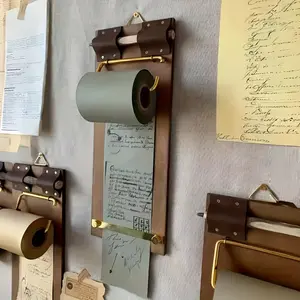 Vintage Leather Paper Roll Storage Box Wall Mounted Dispenser, Small Wooden Hanging Memo Board (12x4.6 Inches), Reusable for Kitchen Shopping Lists