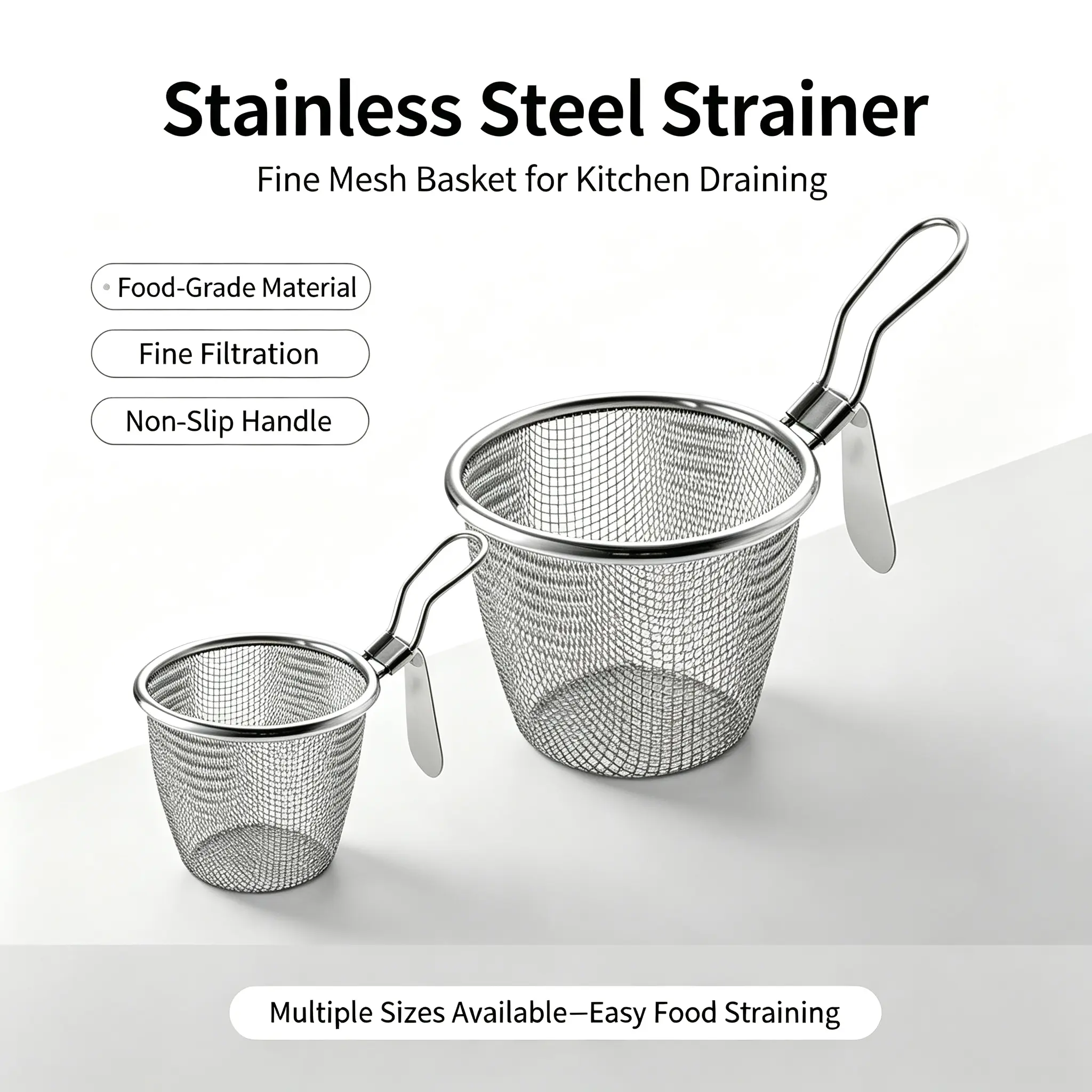 Stainless Steel Fine Mesh Strainer Basket, Deep Frying Basket with Hook Handle, Multipurpose Kitchen Colander for Noodles Dumplings Oil Filter Soup Straining