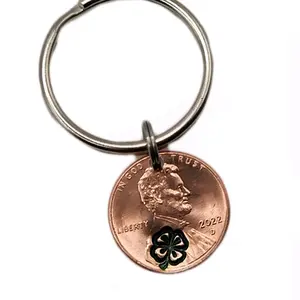 Lucky Penny Keychain - Four-Leaf Clover Charm and Engraved Message - random uncirculated penny