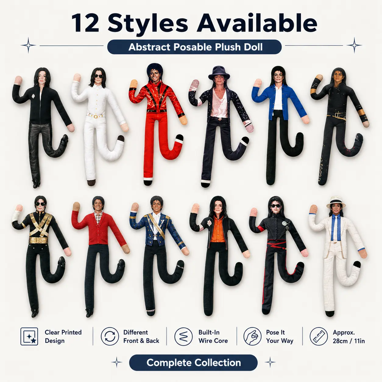 **MJ Doll 28CM Poseable Collectible Figure, Bendable Soft Cloth Doll with Inner Wire, Printed Design, Fan Collection Display Decor & Gift**