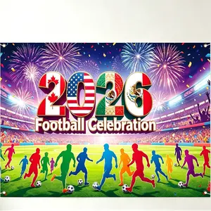 Decorative Tapestry 2D Flat, 2D Flat Banner, 1pc, 2026 USA-Canada-Mexico Football Celebration Backdrop Large Garage Party Banner,, Featuring Football Player Silhouettes And Fireworks Celebration Design, Suitable For Fan Parties And Football Fan Gifts.