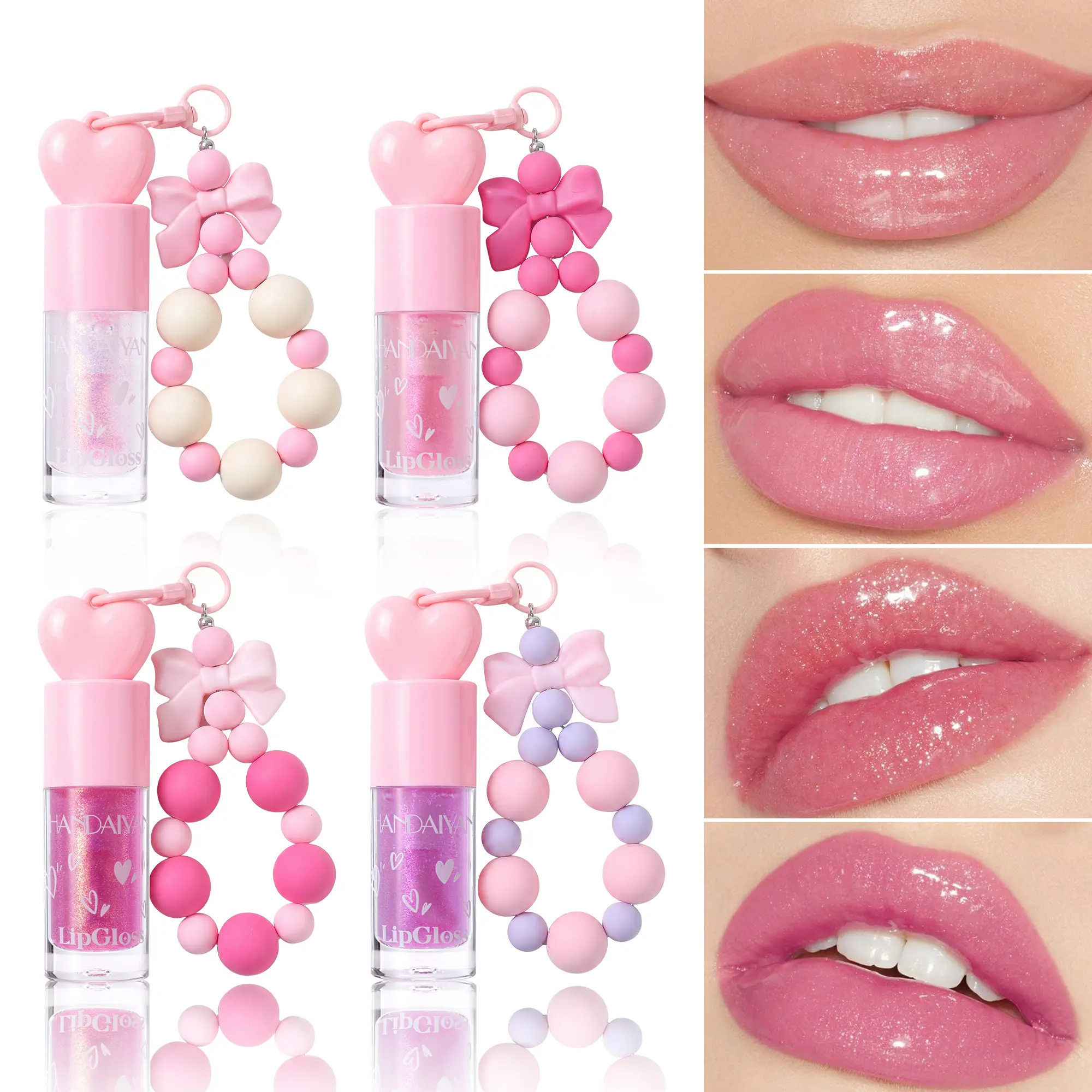 HANDAIYAN Cute Beaded Bow Chain Lip Gloss, Sparkly Fine Glitter Plumping Lip Oil, Soft Hydrating Non-sticky Glossy Daily Lip Makeup