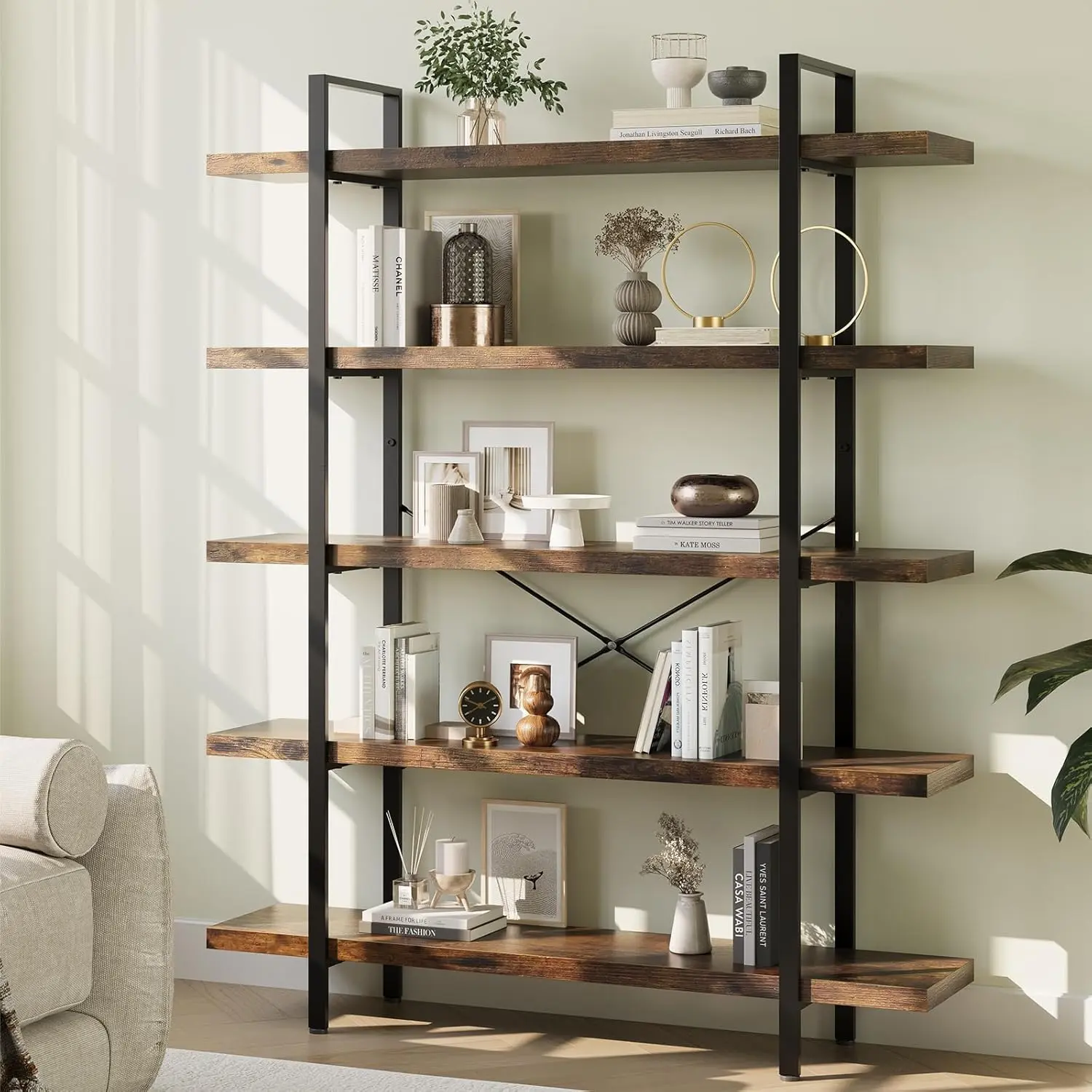 Industrial Heavy-Duty 5-Tier Wood Bookshelf with Storage, 47" Width, 120lbs Capacity, Reinforced Horizontal Metal Shelves, Sturdy Rustic Open Shelving, 4-Tier Home Office Furniture for Living Room