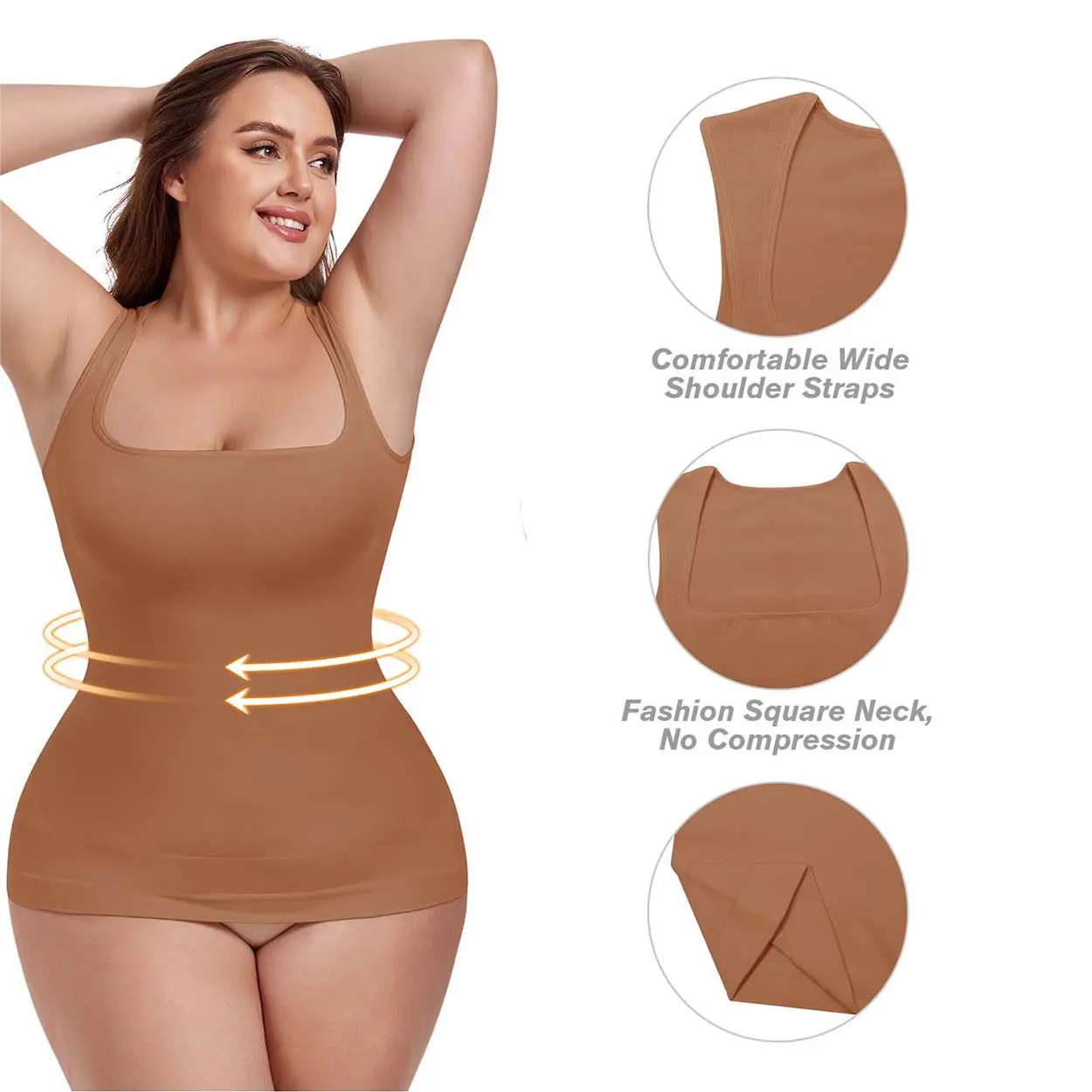 3 Pack Women Square Neck Seamless Shapewear Tank Tops, Tummy Control Compression Slim Shaping Camisole Undergarment, Sleeveless Solid Layering Shaping Vest for Daily Wear