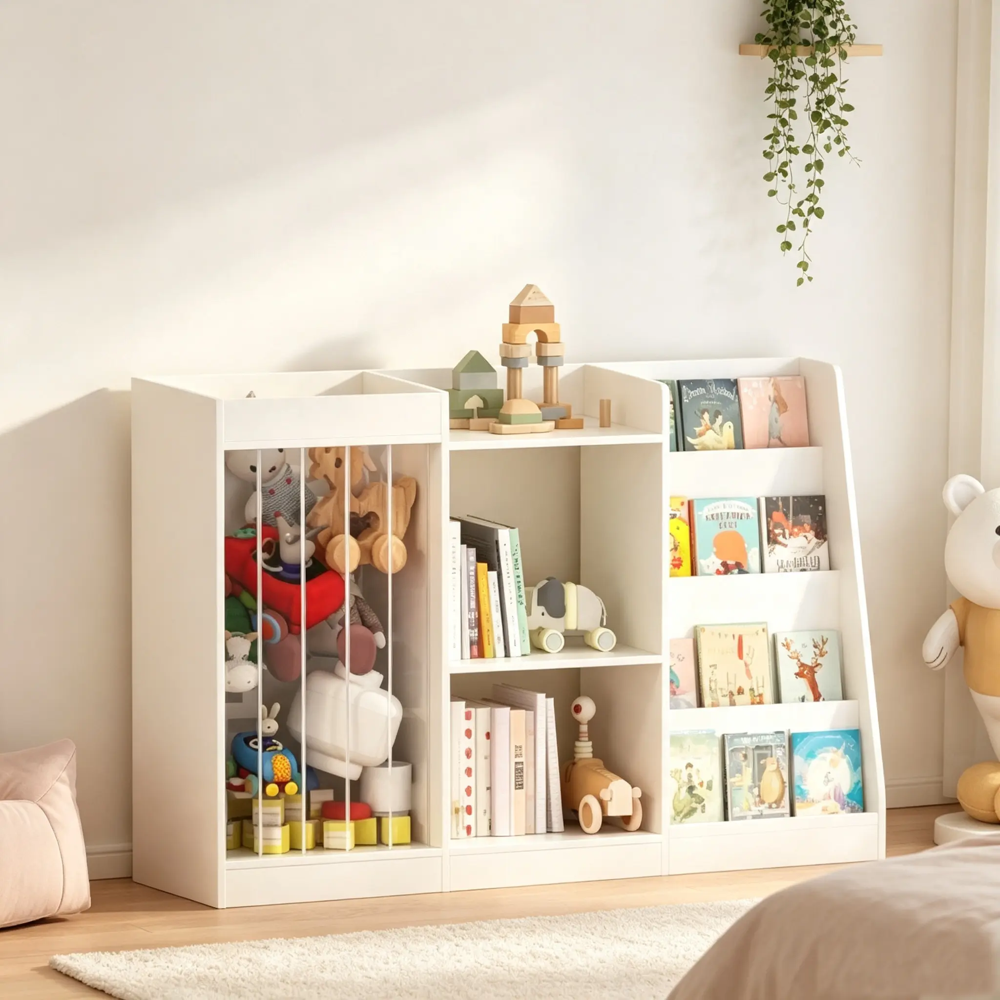3-in-1  Bookshelf and Toy Storage, 4-Tier Book Shelf for Kids Rooms, Sling Baby Bookcase with Stuffed Animal Storage, Toddler Montessori Bookshelf for Nursery, Playroom, Kindergarten, White