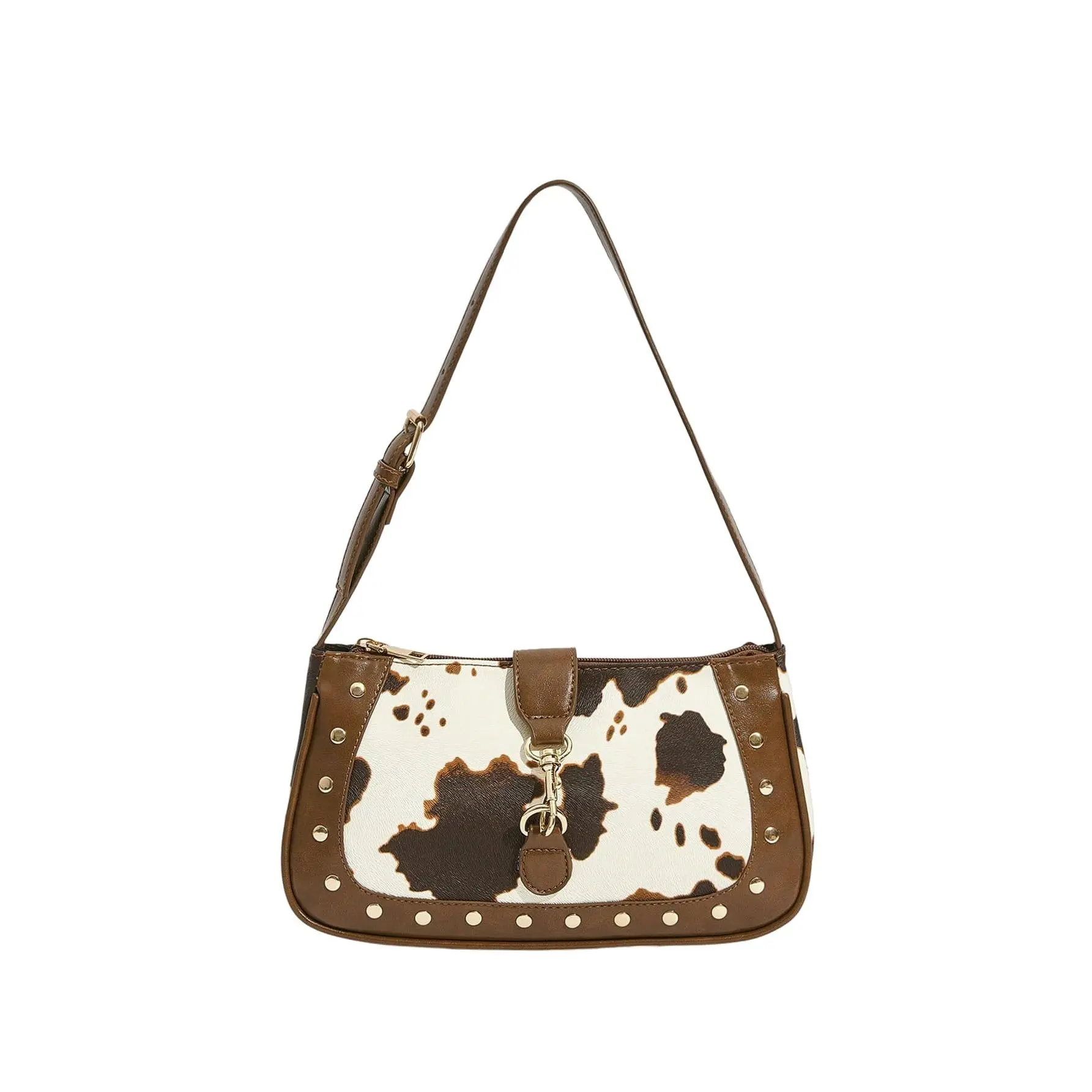 DealsForYouDays Cow Print Studded Underarm Bags Zipper Buckle Shoulder Handbags Retro Cowgirls Purse